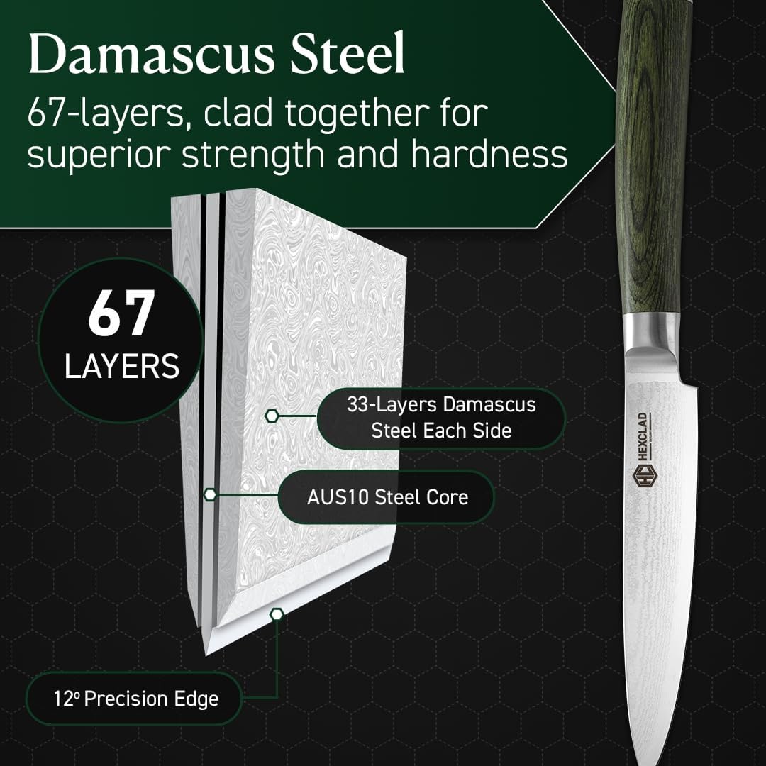 3.5 Inch Japanese Damascus Stainless Steel Pairing Knife, Full Tang Construction, Pakkawood Handle