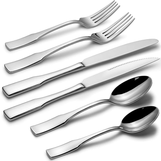 Kate 48-Piece Silverware Set with steak knife Service for 8, Stainless Steel Flatware Set, Mirror Polished Cutlery Set Dishwasher Safe