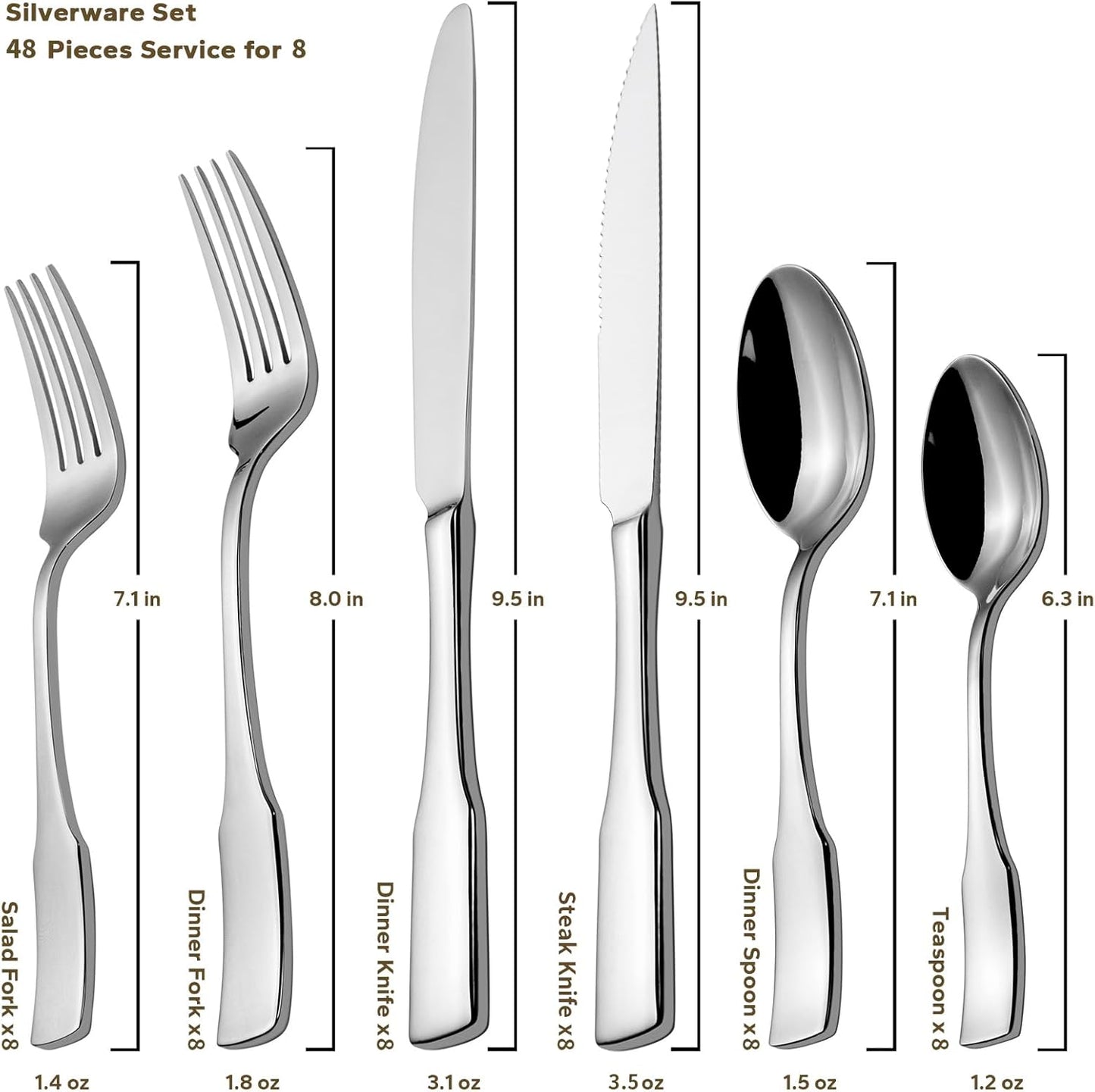 Kate 48-Piece Silverware Set with steak knife Service for 8, Stainless Steel Flatware Set, Mirror Polished Cutlery Set Dishwasher Safe