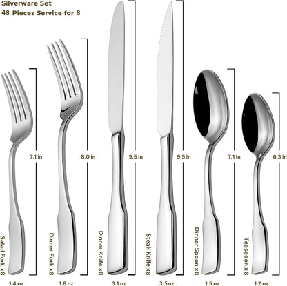 Kate 48-Piece Silverware Set with steak knife Service for 8, Stainless Steel Flatware Set, Mirror Polished Cutlery Set Dishwasher Safe