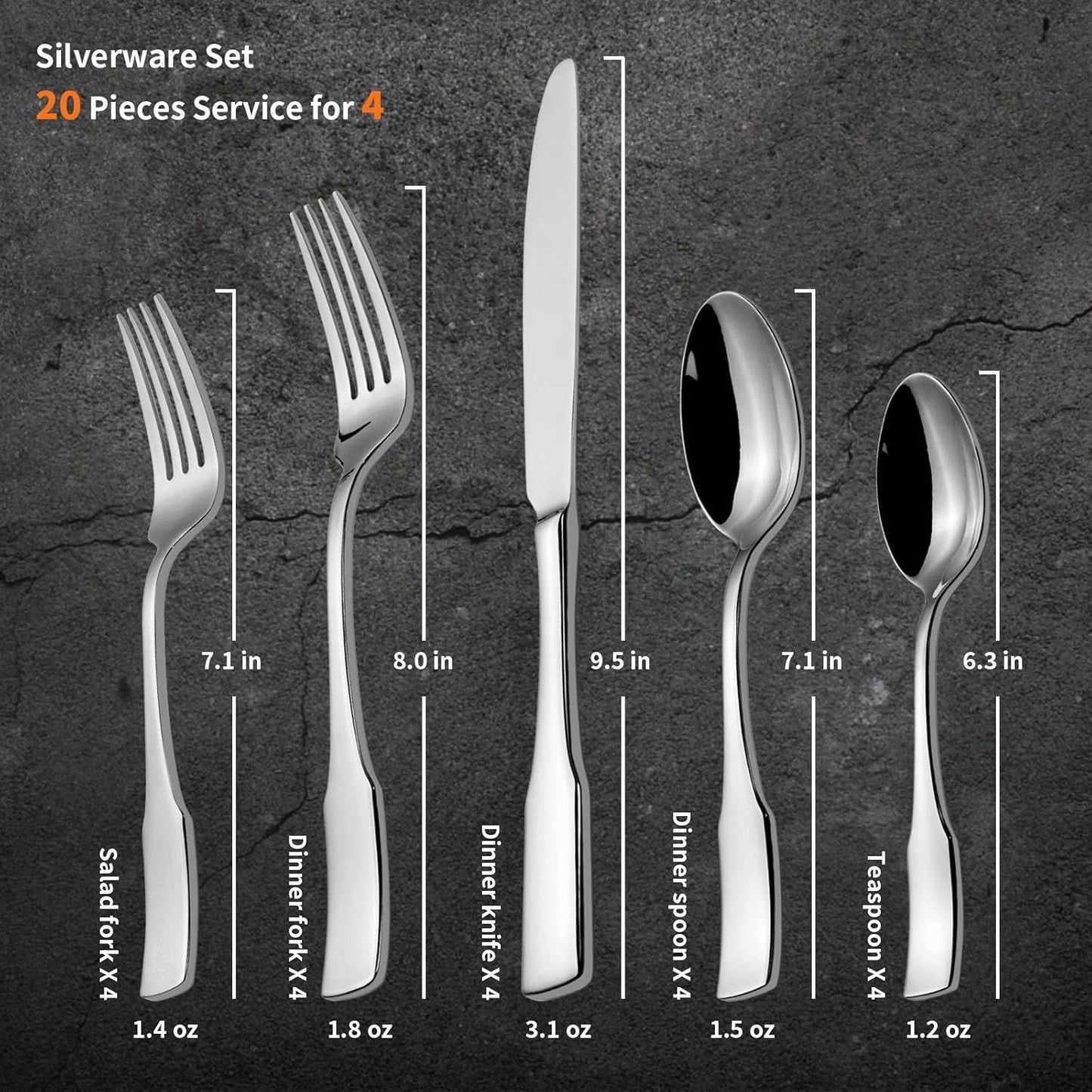 Kate 48-Piece Silverware Set with steak knife Service for 8, Stainless Steel Flatware Set, Mirror Polished Cutlery Set Dishwasher Safe