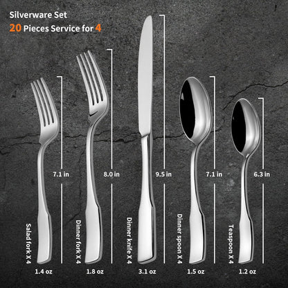 Kate 48-Piece Silverware Set with steak knife Service for 8, Stainless Steel Flatware Set, Mirror Polished Cutlery Set Dishwasher Safe