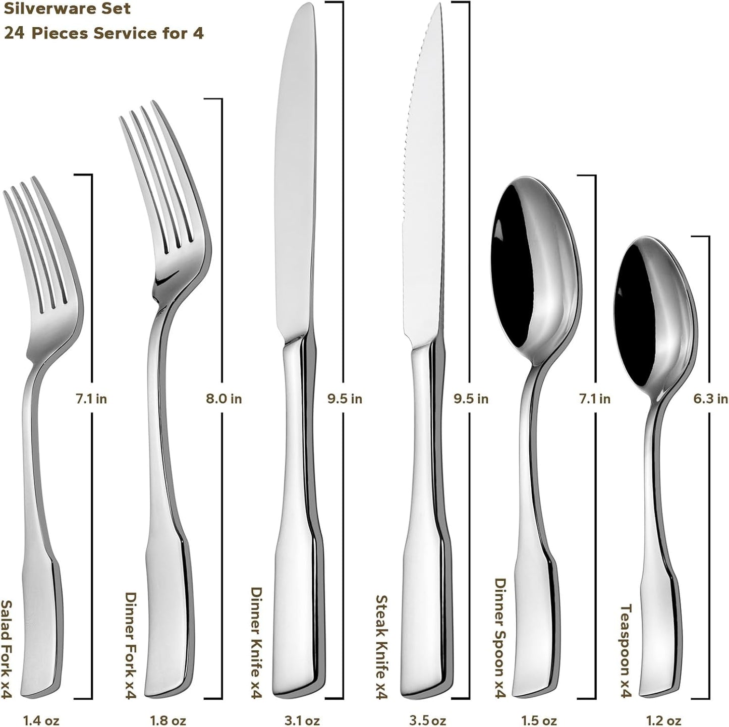 Kate 48-Piece Silverware Set with steak knife Service for 8, Stainless Steel Flatware Set, Mirror Polished Cutlery Set Dishwasher Safe