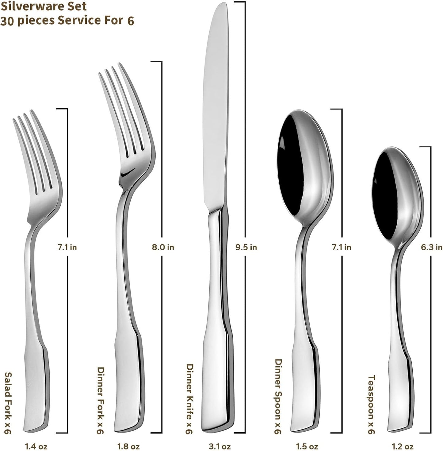 Kate 48-Piece Silverware Set with steak knife Service for 8, Stainless Steel Flatware Set, Mirror Polished Cutlery Set Dishwasher Safe
