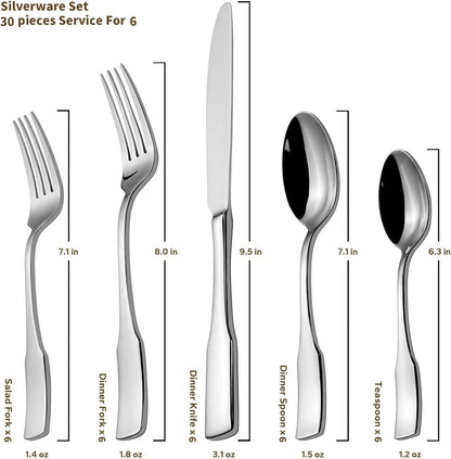 Kate 48-Piece Silverware Set with steak knife Service for 8, Stainless Steel Flatware Set, Mirror Polished Cutlery Set Dishwasher Safe