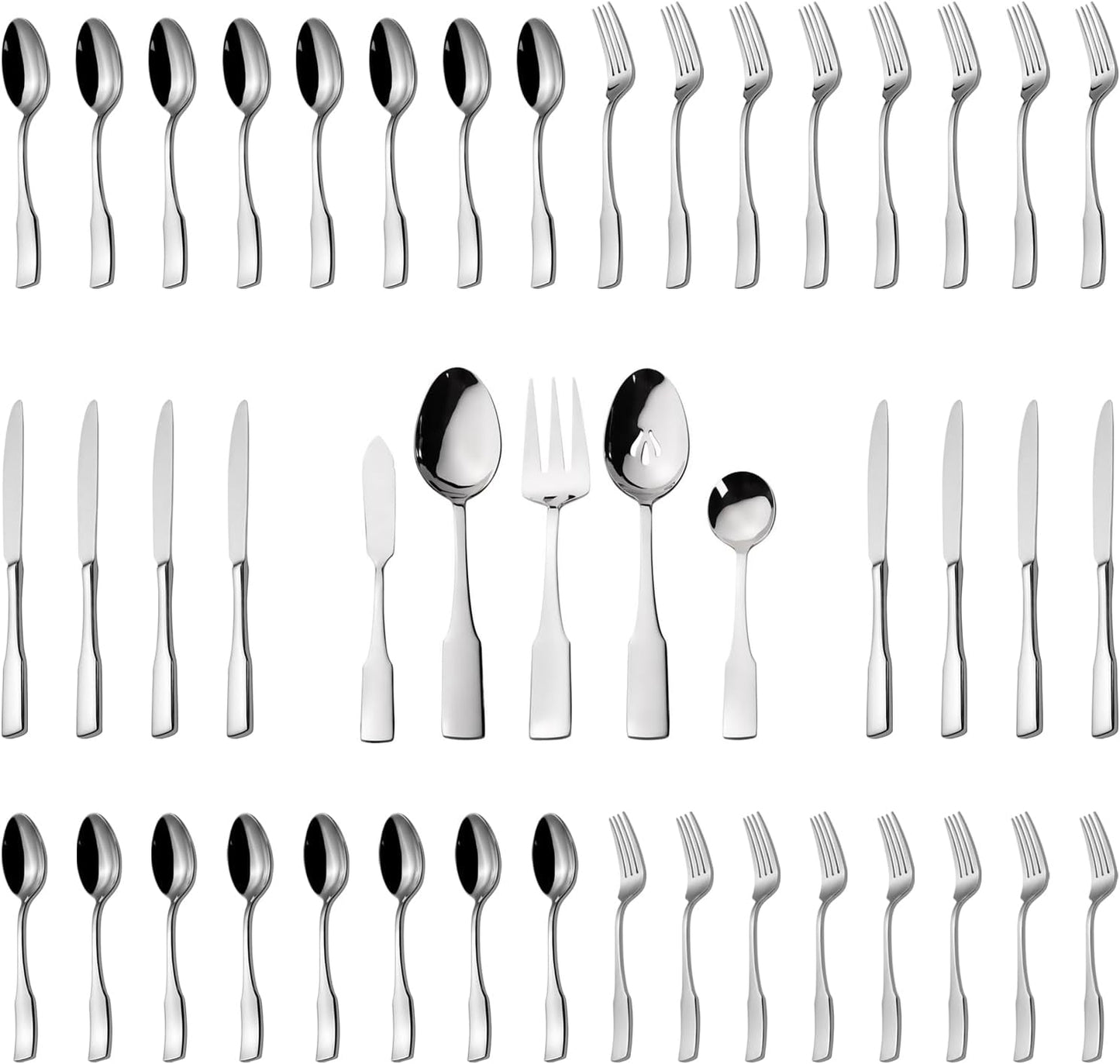 Kate 48-Piece Silverware Set with steak knife Service for 8, Stainless Steel Flatware Set, Mirror Polished Cutlery Set Dishwasher Safe