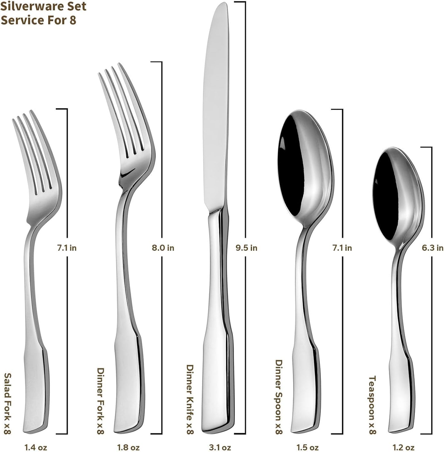 Kate 48-Piece Silverware Set with steak knife Service for 8, Stainless Steel Flatware Set, Mirror Polished Cutlery Set Dishwasher Safe