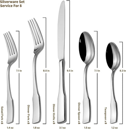 Kate 48-Piece Silverware Set with steak knife Service for 8, Stainless Steel Flatware Set, Mirror Polished Cutlery Set Dishwasher Safe