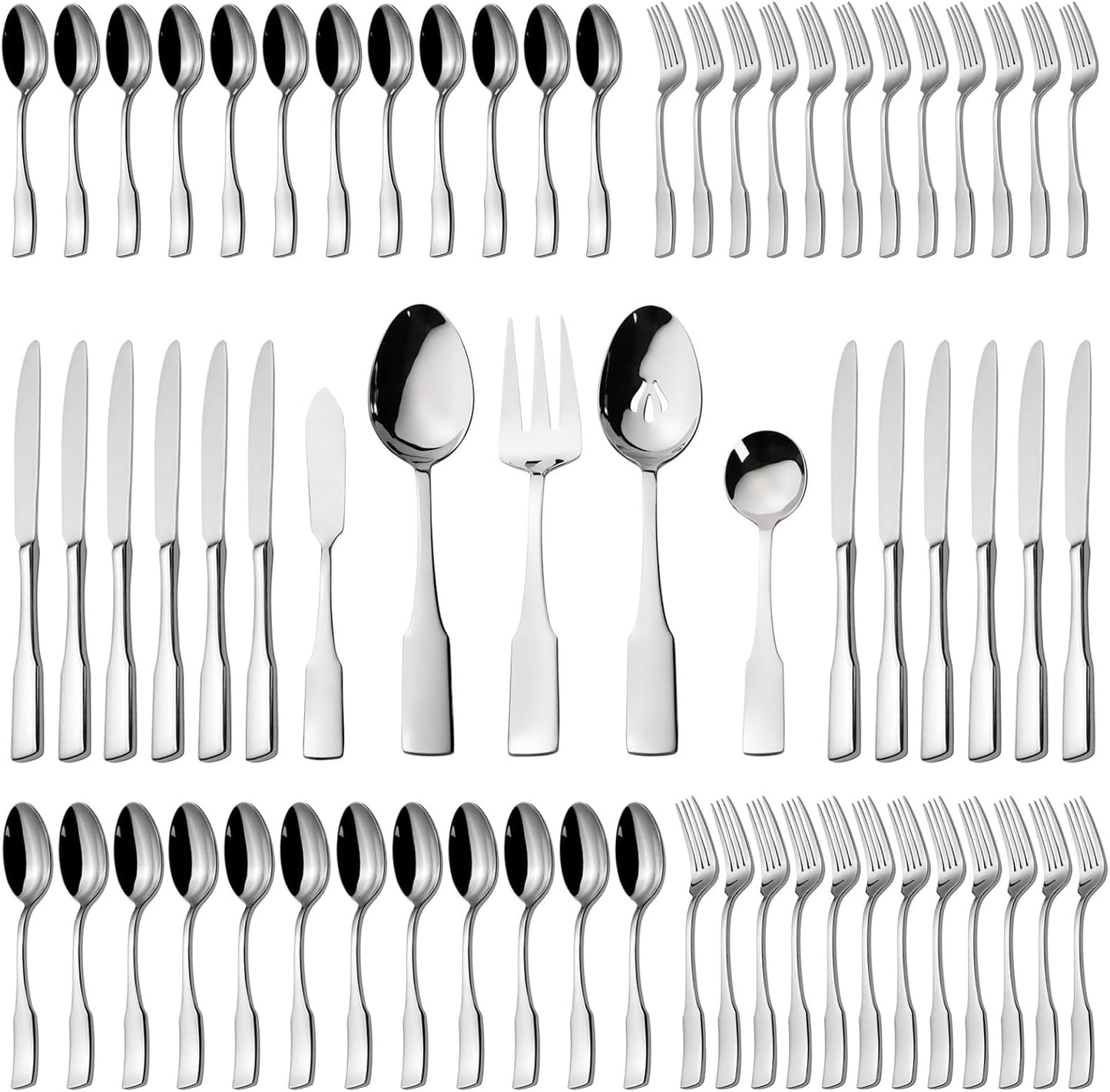 Kate 48-Piece Silverware Set with steak knife Service for 8, Stainless Steel Flatware Set, Mirror Polished Cutlery Set Dishwasher Safe