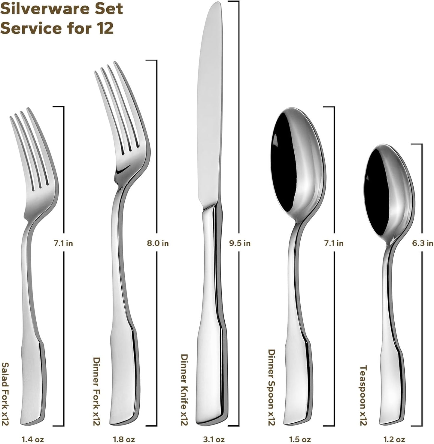 Kate 48-Piece Silverware Set with steak knife Service for 8, Stainless Steel Flatware Set, Mirror Polished Cutlery Set Dishwasher Safe