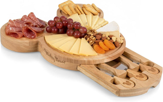 PICNIC TIME Disney Mickey Mouse Head Cheese & Charcuterie Board Set, Parawood Cutting Board with Hidden Drawer & 3 Cheese Knives, Fun Disney Gift, Party Platter, Picnic Set & Kitchen Serving Tray