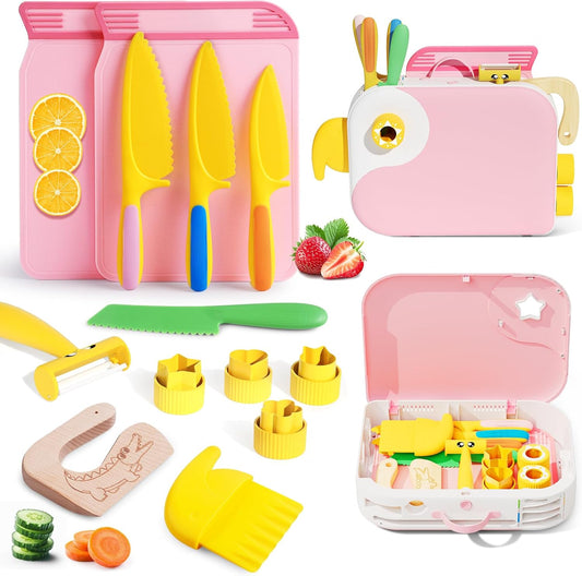 Kids Kitchen Knife Set for Real Cooking with Storage Box Pink, Montessori Kitchen Toy with Cutting Board, Plastic Toddler Knives, Peeler, Wooden Safe Knife for Age 3 4 5 6 7 8