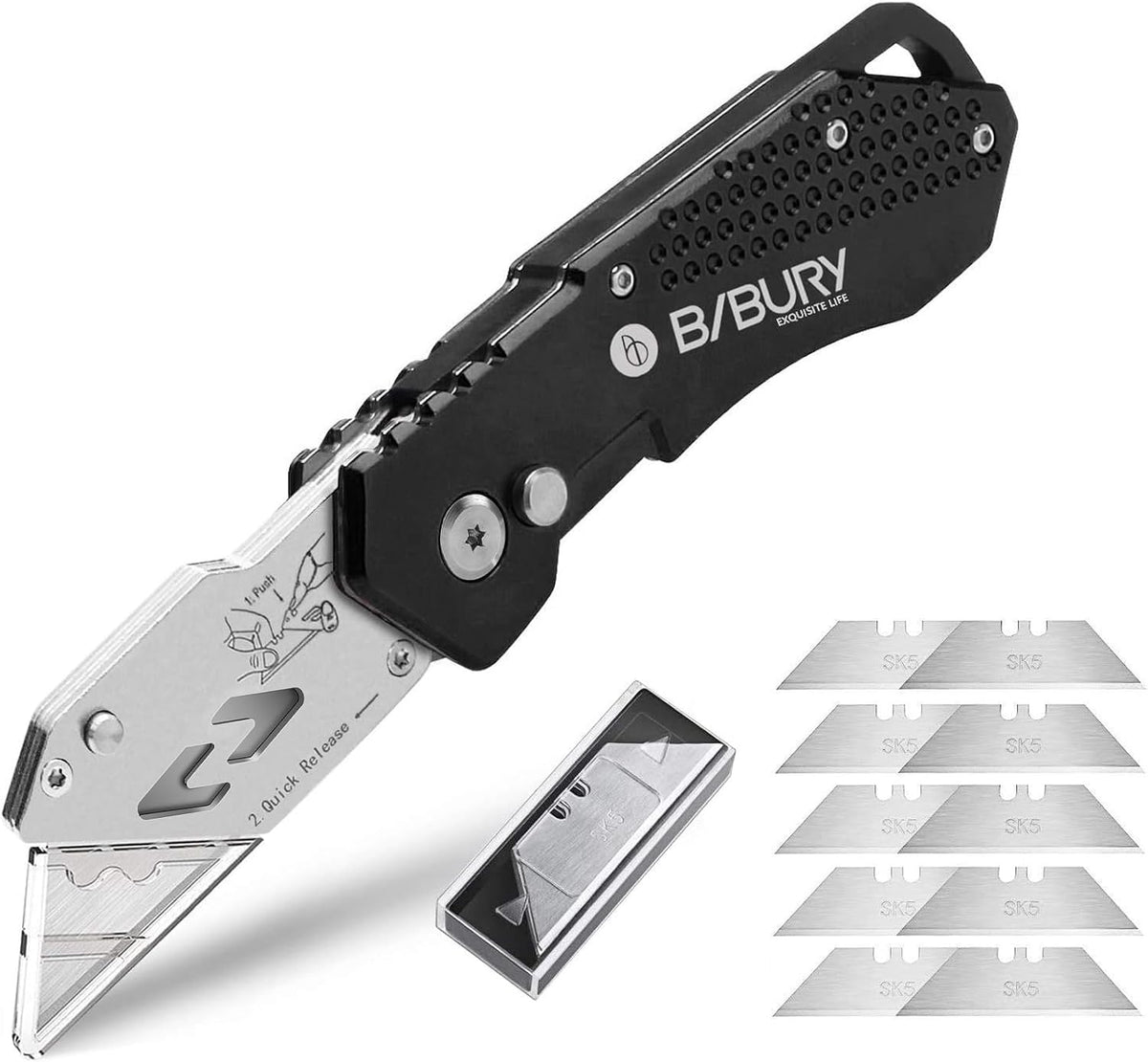 Folding Utility Knife, Quick Change Box Cutter With 10pcs SK5 Blades