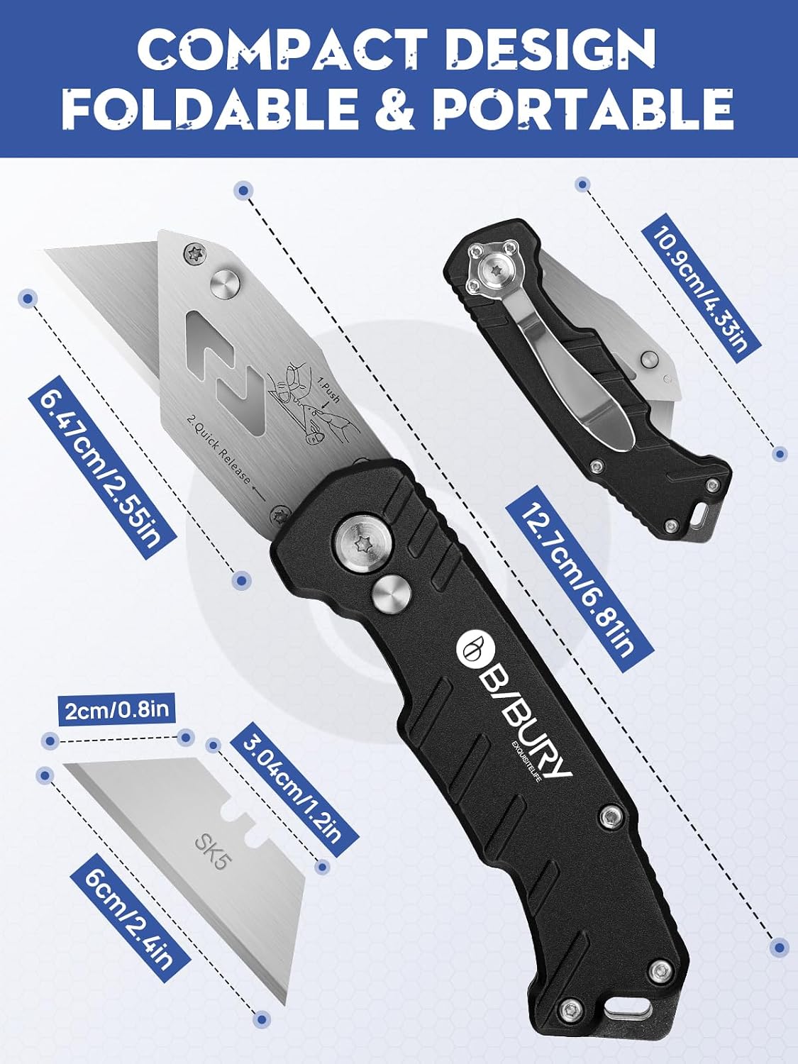 Folding Utility Knife, Quick Change Box Cutter With 10pcs SK5 Blades