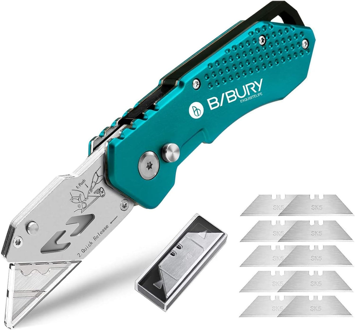 Folding Utility Knife, Quick Change Box Cutter With 10pcs SK5 Blades