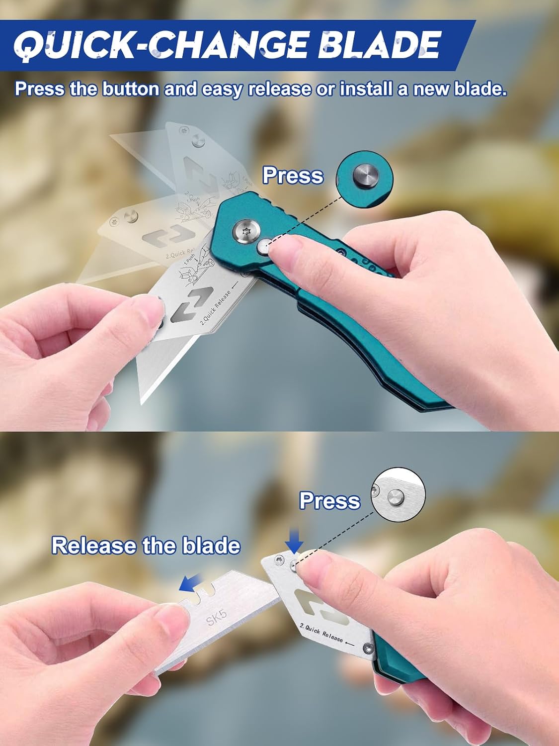 Folding Utility Knife, Quick Change Box Cutter With 10pcs SK5 Blades