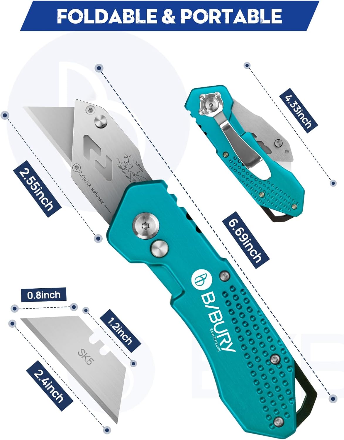 Folding Utility Knife, Quick Change Box Cutter With 10pcs SK5 Blades