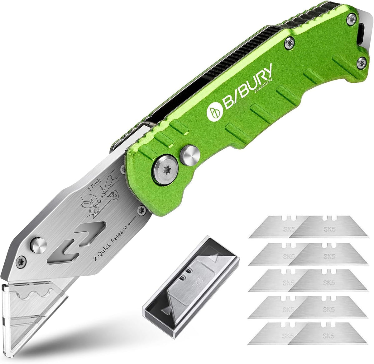 Folding Utility Knife, Quick Change Box Cutter With 10pcs SK5 Blades