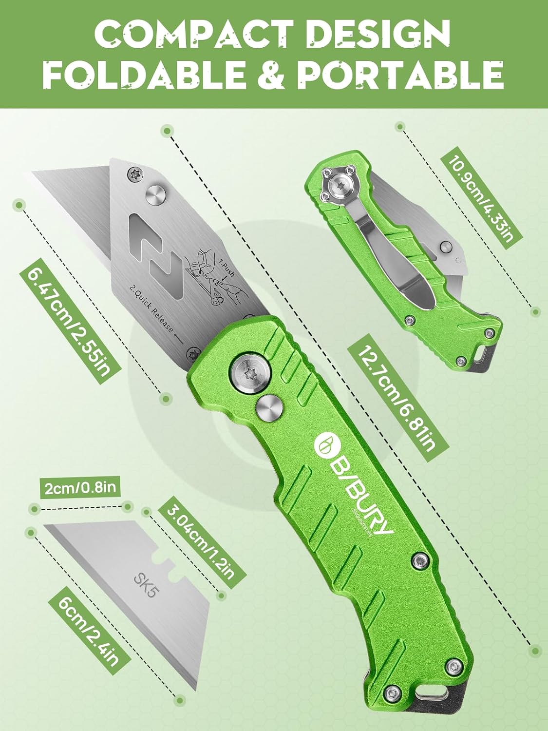 Folding Utility Knife, Quick Change Box Cutter With 10pcs SK5 Blades