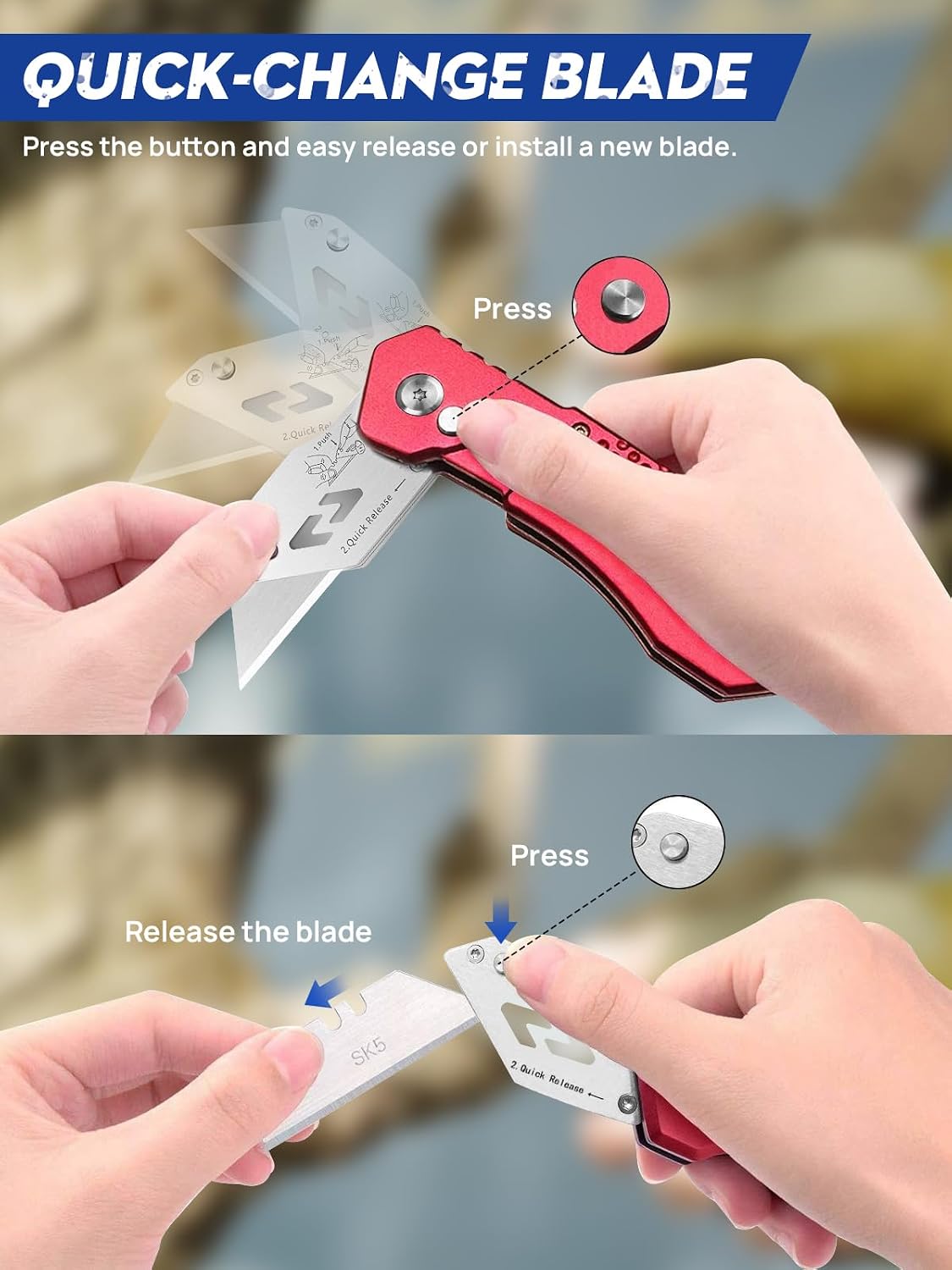 Folding Utility Knife, Quick Change Box Cutter With 10pcs SK5 Blades