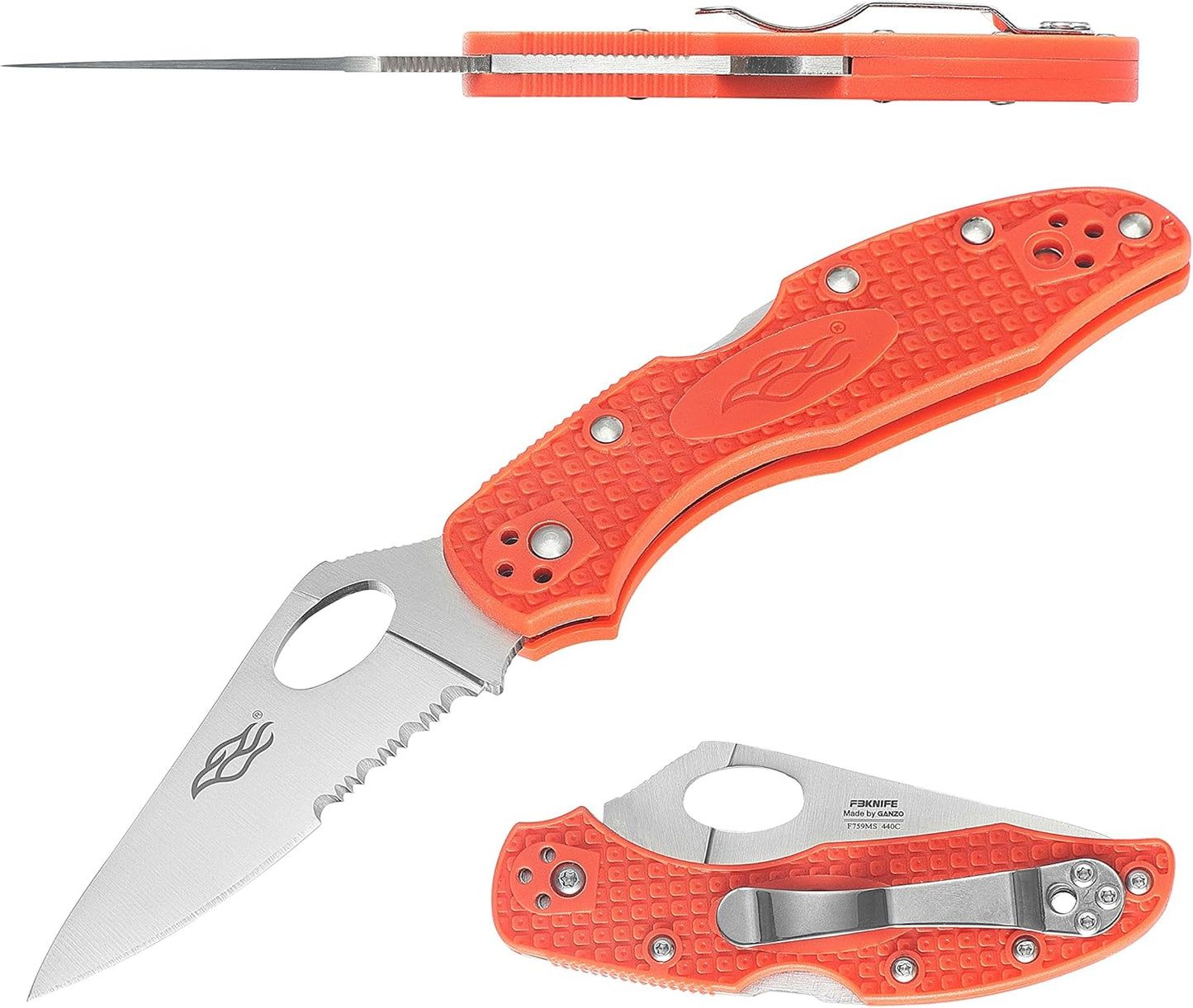 Firebird GANZO F759MS-OR Pocket Folding Knife 440C Stainless Steel Serrated Blade Anti-Slip Handle with Clip Fishing Camping EDC Utility Pocket Knife (Orange)