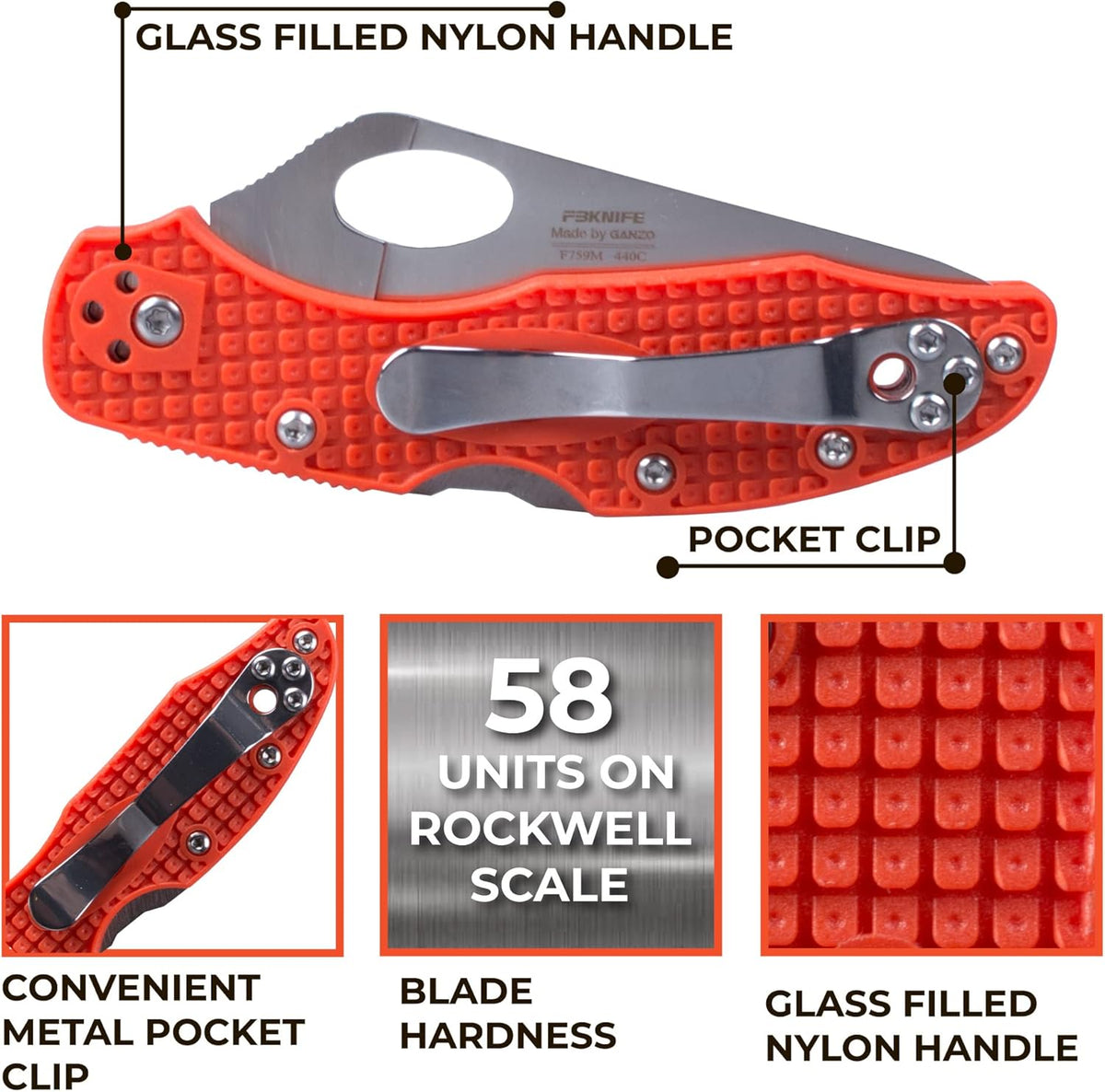 Firebird GANZO F759MS-OR Pocket Folding Knife 440C Stainless Steel Serrated Blade Anti-Slip Handle with Clip Fishing Camping EDC Utility Pocket Knife (Orange)