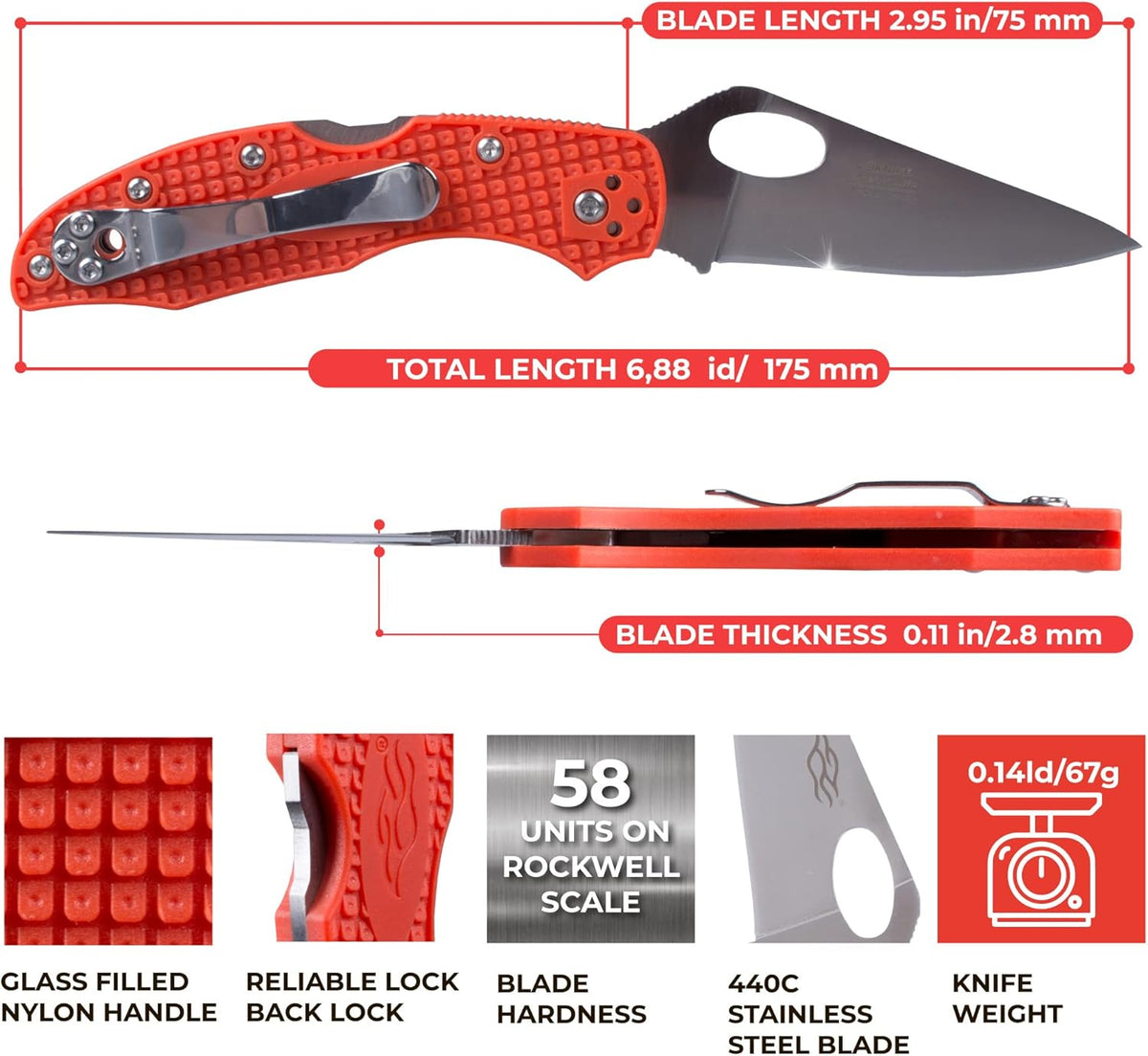 Firebird GANZO F759MS-OR Pocket Folding Knife 440C Stainless Steel Serrated Blade Anti-Slip Handle with Clip Fishing Camping EDC Utility Pocket Knife (Orange)