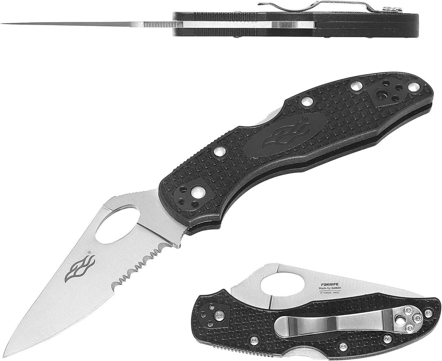 Firebird GANZO F759MS-OR Pocket Folding Knife 440C Stainless Steel Serrated Blade Anti-Slip Handle with Clip Fishing Camping EDC Utility Pocket Knife (Orange)