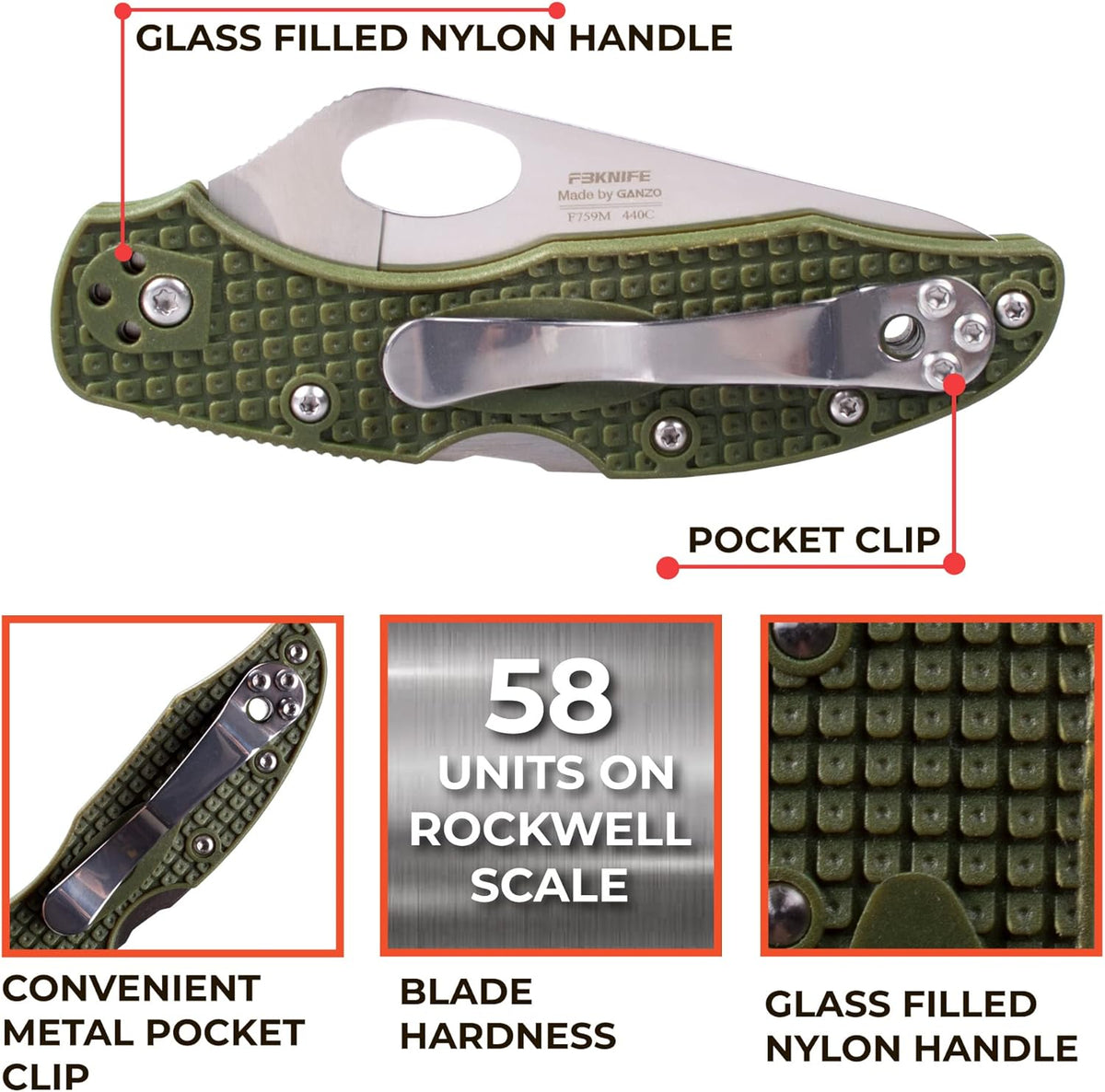 Firebird GANZO F759MS-OR Pocket Folding Knife 440C Stainless Steel Serrated Blade Anti-Slip Handle with Clip Fishing Camping EDC Utility Pocket Knife (Orange)
