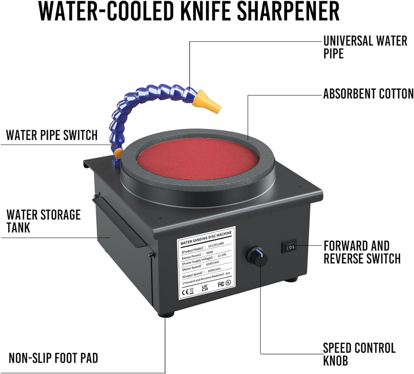 Water-Cooled Knife Sharpener System, 350W Electric Knife Sharpener with 7-Stage Speed Control, Wet and Dry Disc Sander for High-Carbon Steel, Chef Knives, Chisels and Woodworking Tools