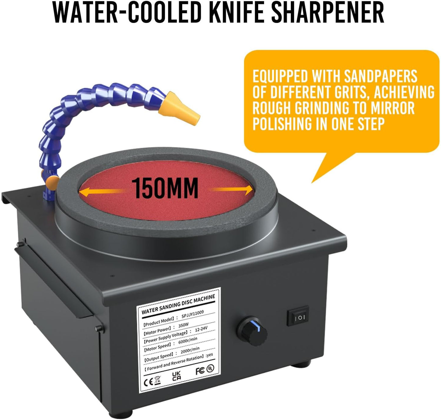 Water-Cooled Knife Sharpener System, 350W Electric Knife Sharpener with 7-Stage Speed Control, Wet and Dry Disc Sander for High-Carbon Steel, Chef Knives, Chisels and Woodworking Tools