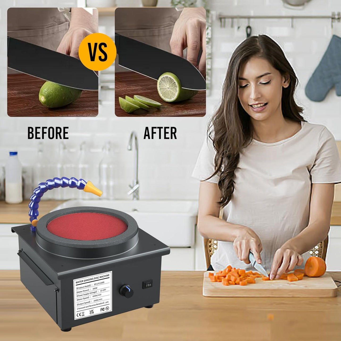 Water-Cooled Knife Sharpener System, 350W Electric Knife Sharpener with 7-Stage Speed Control, Wet and Dry Disc Sander for High-Carbon Steel, Chef Knives, Chisels and Woodworking Tools