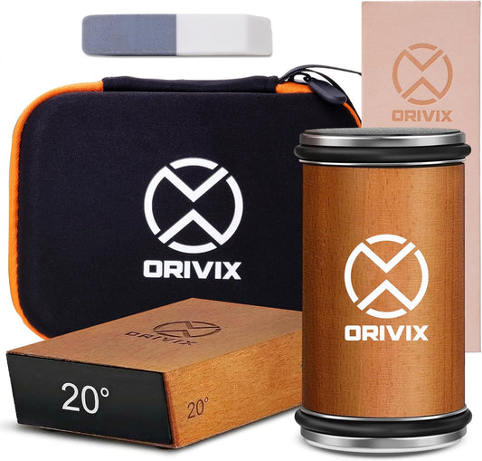Rolling Knife Sharpener Kit – Magnetic 2-Angle Base, 3.86 Inches Longer Wooden Roller, 2 Grit Discs (600 Diamond & 3000 Ceramic) and Leather Strop