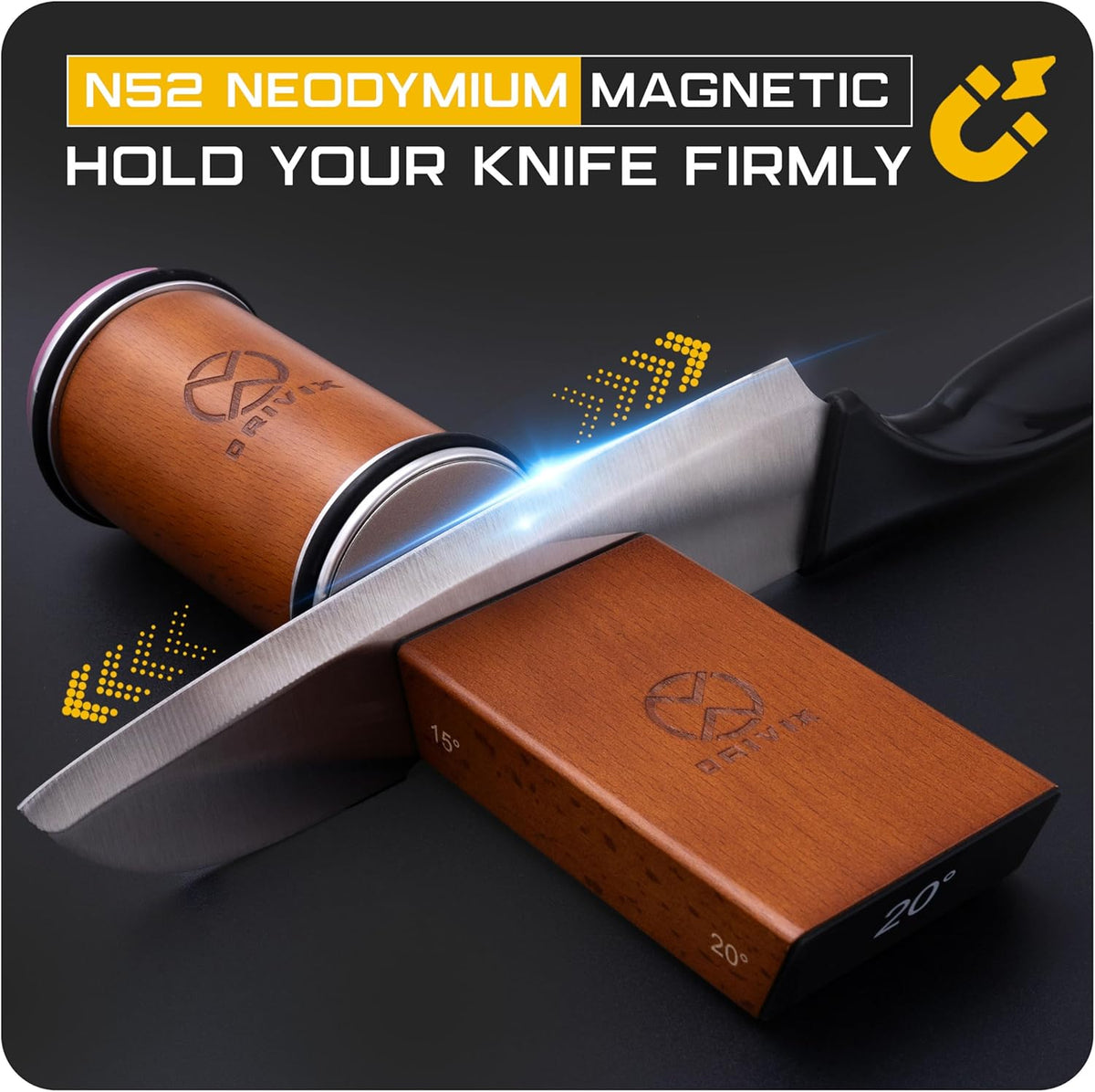 Rolling Knife Sharpener Kit – Magnetic 2-Angle Base, 3.86 Inches Longer Wooden Roller, 2 Grit Discs (600 Diamond & 3000 Ceramic) and Leather Strop