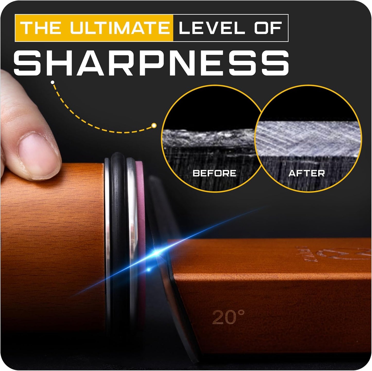 Rolling Knife Sharpener Kit – Magnetic 2-Angle Base, 3.86 Inches Longer Wooden Roller, 2 Grit Discs (600 Diamond & 3000 Ceramic) and Leather Strop