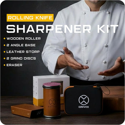 Rolling Knife Sharpener Kit – Magnetic 2-Angle Base, 3.86 Inches Longer Wooden Roller, 2 Grit Discs (600 Diamond & 3000 Ceramic) and Leather Strop