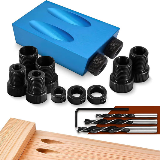 14 Pcs Pocket Hole Jig Kit, 15° Angle Drill Guide, Aluminum | Pocket Screw Jig for Cabinets, Shelves, Softwood, Plywood & MDF, 6 Bushings, 3 Drill Bits, Stop Rings, Adapter, Storage Case