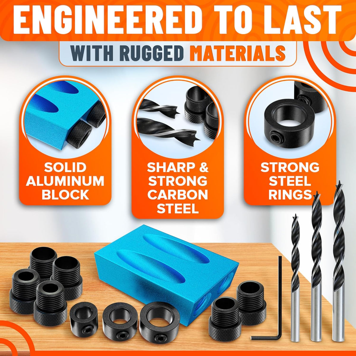 14 Pcs Pocket Hole Jig Kit, 15° Angle Drill Guide, Aluminum | Pocket Screw Jig for Cabinets, Shelves, Softwood, Plywood & MDF, 6 Bushings, 3 Drill Bits, Stop Rings, Adapter, Storage Case