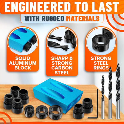 14 Pcs Pocket Hole Jig Kit, 15° Angle Drill Guide, Aluminum | Pocket Screw Jig for Cabinets, Shelves, Softwood, Plywood & MDF, 6 Bushings, 3 Drill Bits, Stop Rings, Adapter, Storage Case