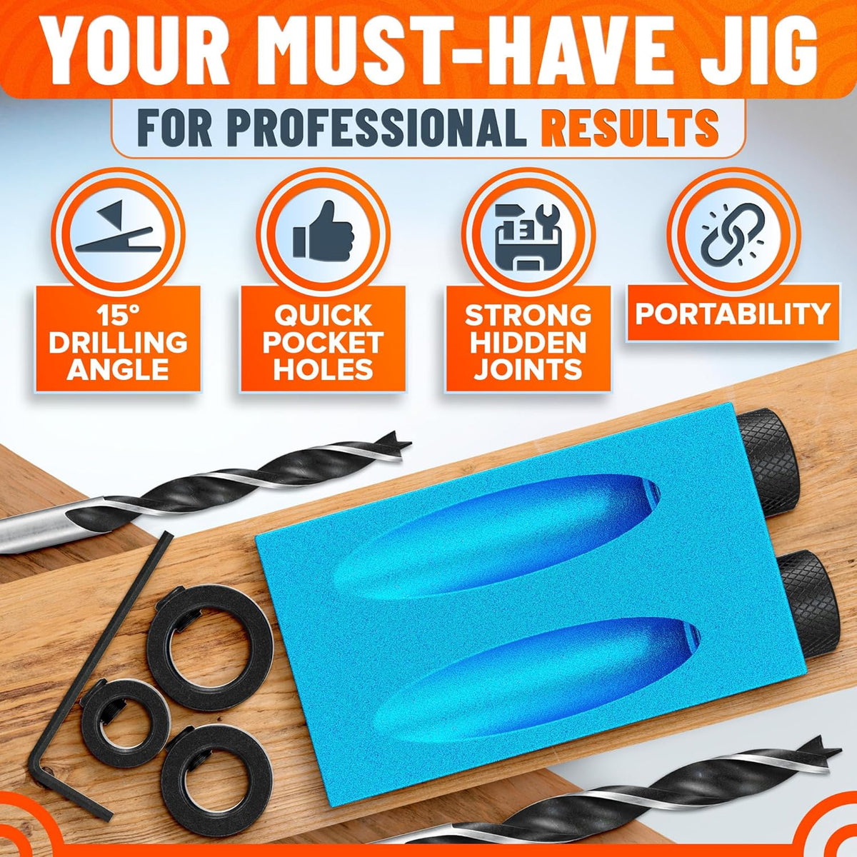14 Pcs Pocket Hole Jig Kit, 15° Angle Drill Guide, Aluminum | Pocket Screw Jig for Cabinets, Shelves, Softwood, Plywood & MDF, 6 Bushings, 3 Drill Bits, Stop Rings, Adapter, Storage Case