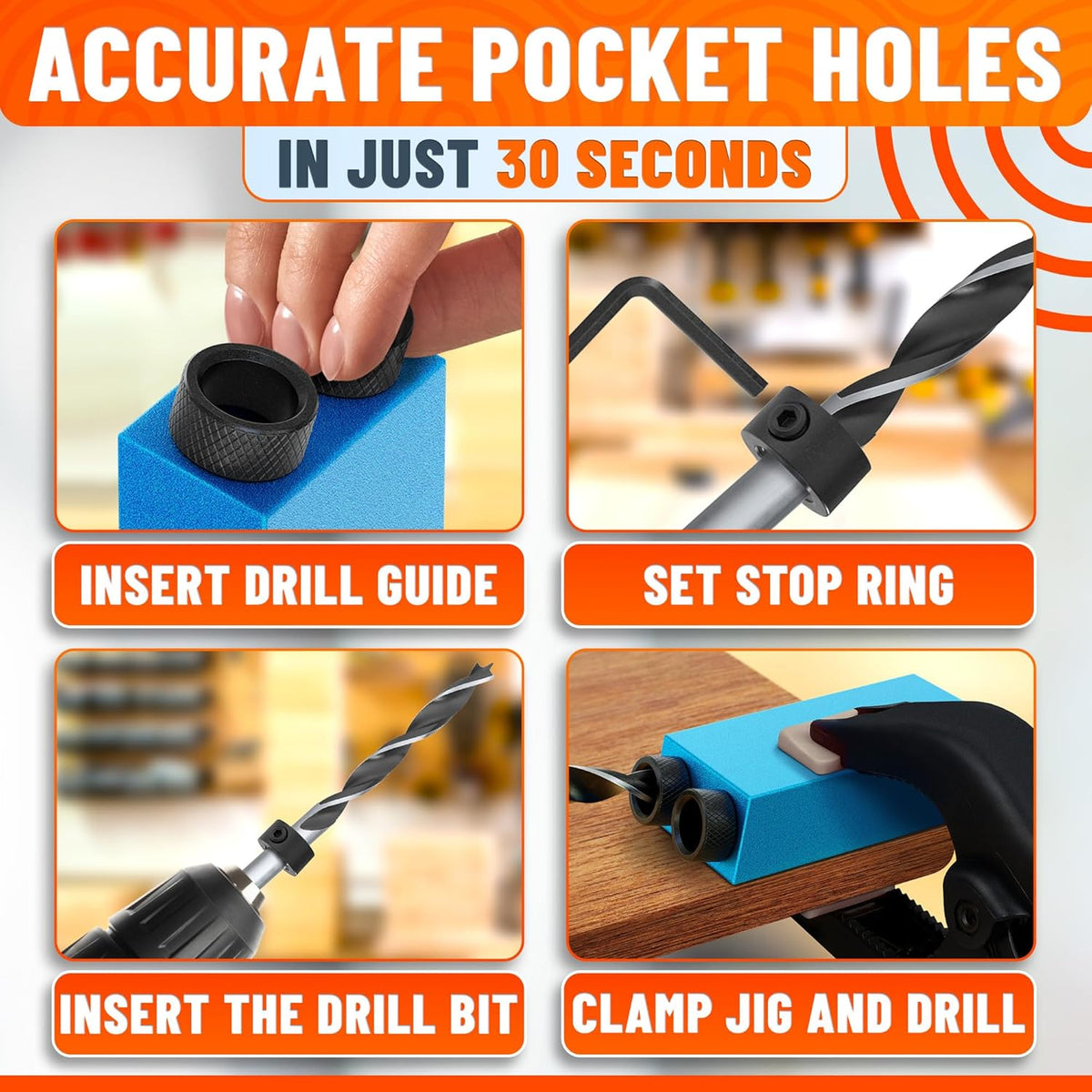 14 Pcs Pocket Hole Jig Kit, 15° Angle Drill Guide, Aluminum | Pocket Screw Jig for Cabinets, Shelves, Softwood, Plywood & MDF, 6 Bushings, 3 Drill Bits, Stop Rings, Adapter, Storage Case