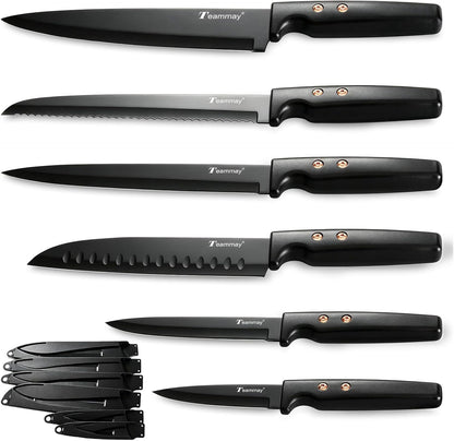 12-Piece Kitchen Knife Set, Stainless Steel Knives with Non-Stick Coating, Dishwasher Safe, Black Knife Set with Rose Gold Rivets 6 Blade Guards, Perfect for Home Chefs Cooking Enthusiasts