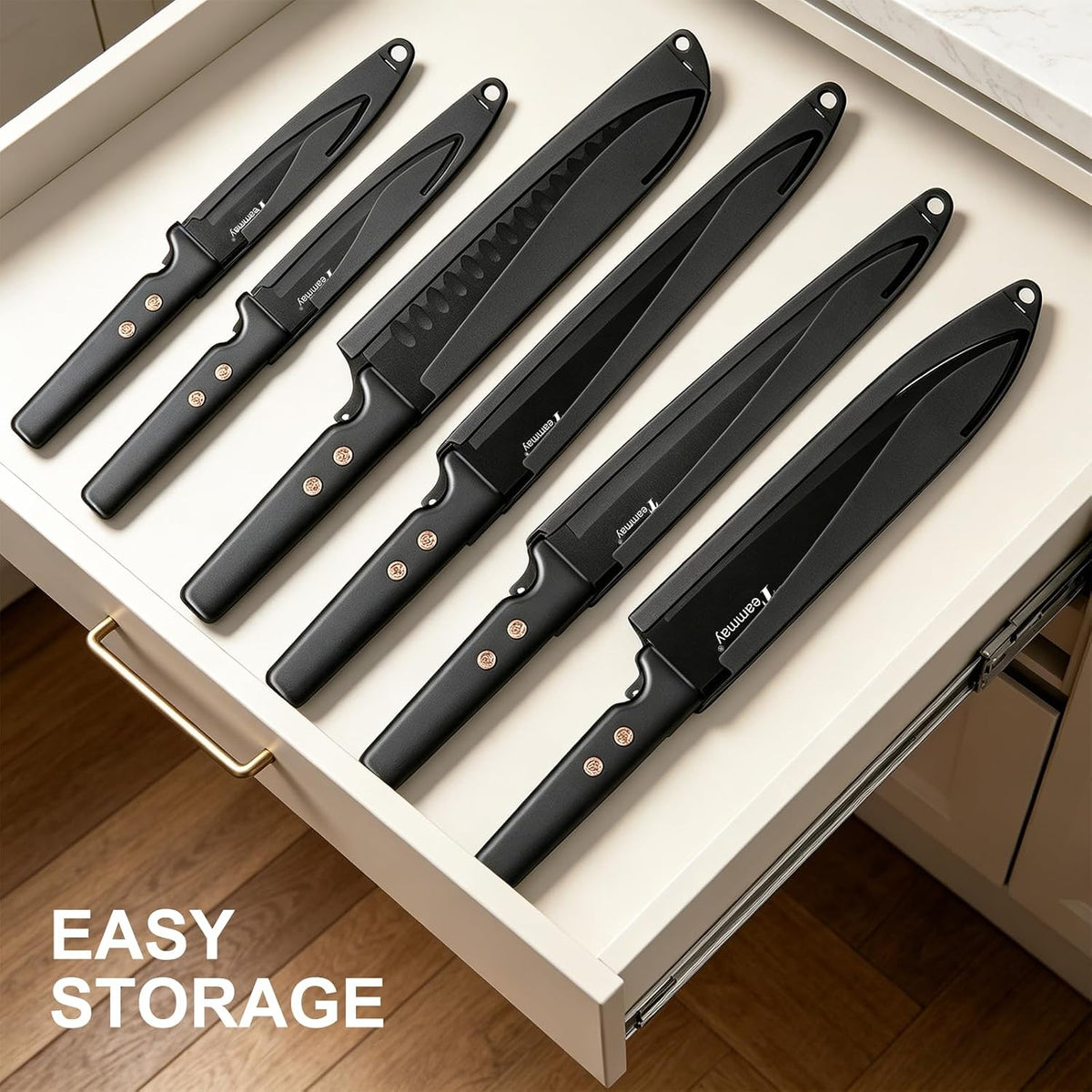12-Piece Kitchen Knife Set, Stainless Steel Knives with Non-Stick Coating, Dishwasher Safe, Black Knife Set with Rose Gold Rivets 6 Blade Guards, Perfect for Home Chefs Cooking Enthusiasts