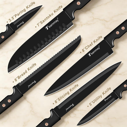 12-Piece Kitchen Knife Set, Stainless Steel Knives with Non-Stick Coating, Dishwasher Safe, Black Knife Set with Rose Gold Rivets 6 Blade Guards, Perfect for Home Chefs Cooking Enthusiasts