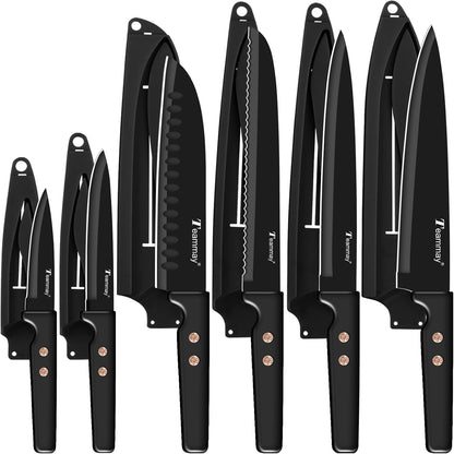 12-Piece Kitchen Knife Set, Stainless Steel Knives with Non-Stick Coating, Dishwasher Safe, Black Knife Set with Rose Gold Rivets 6 Blade Guards, Perfect for Home Chefs Cooking Enthusiasts