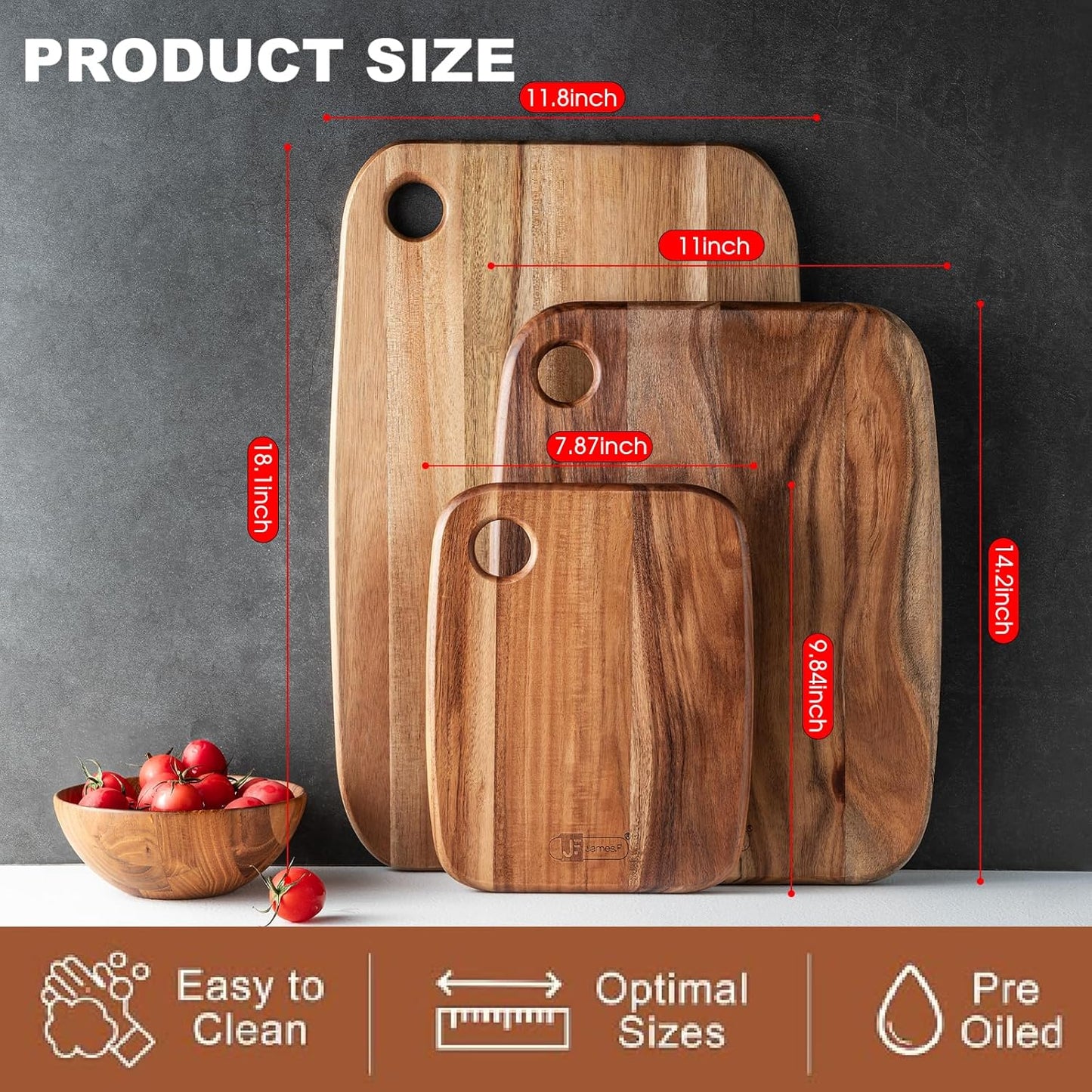 Wood Cutting Boards for Kitchen,JAMES.F Acacia Wooden Heavy Duty Cutting Board, Chopping Serving Boards with Hanging Hole for Meat Bread or Vegetables