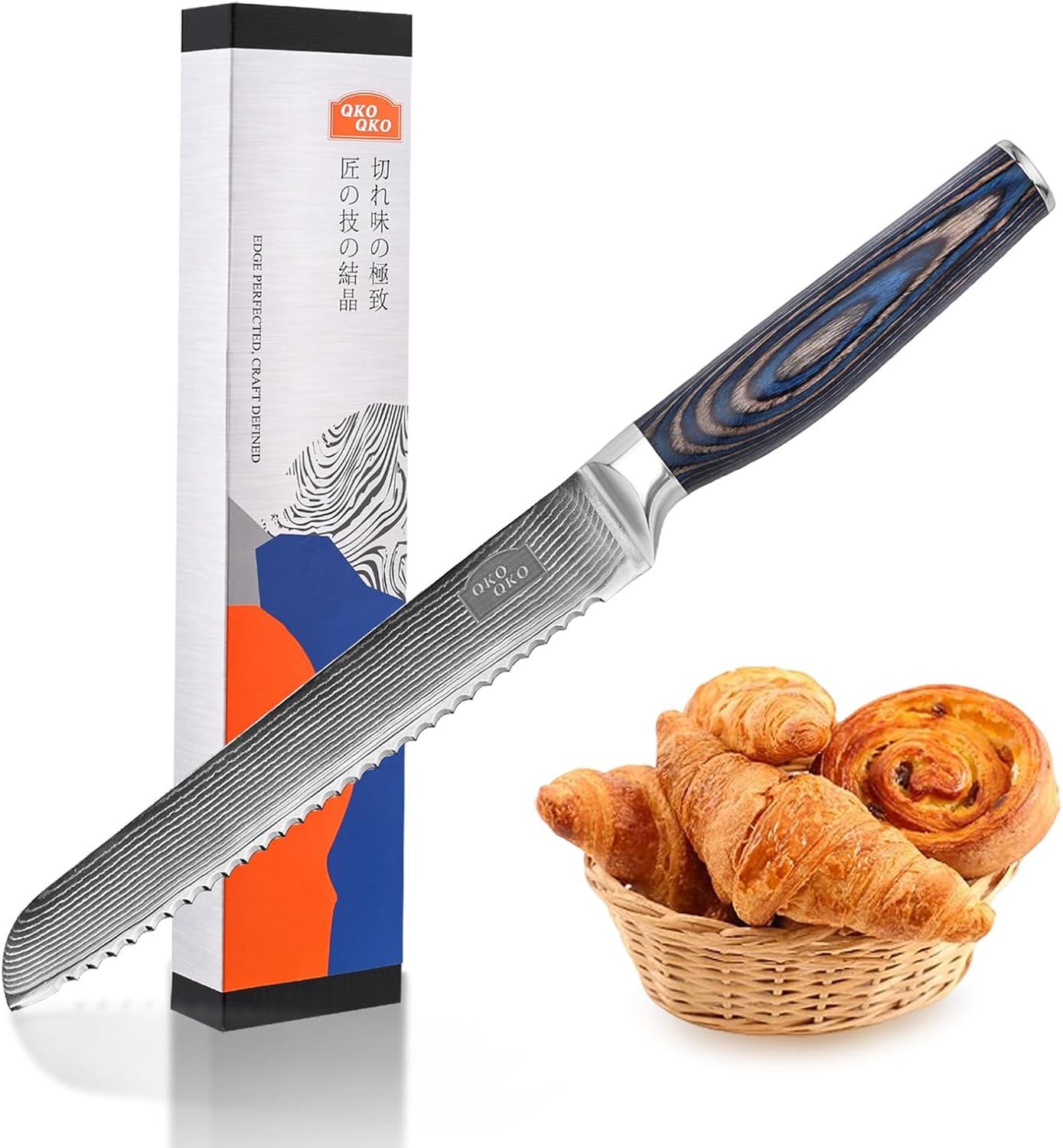 Damascus Bread Knife, 8-Inch Bread Knife with 9Cr18MoV Steel Core, Japanese Bread Knife with Ergonomic Wood Handle, Ultra-Sharp Serrated bread Knives for Homemade Bread with Gift Box DBK-001