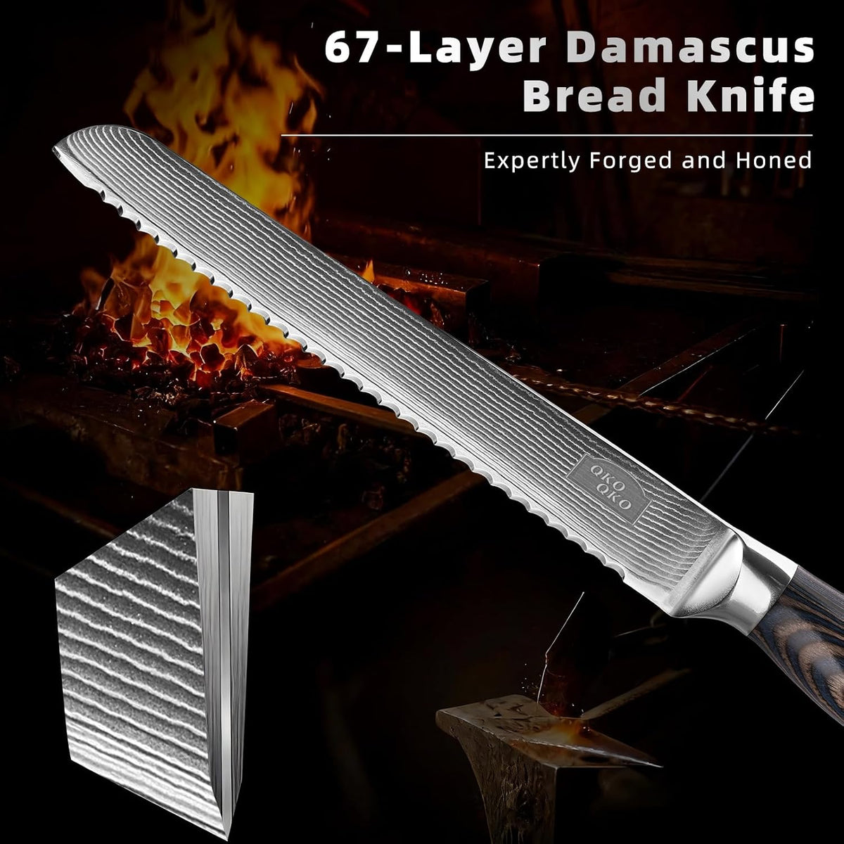 Damascus Bread Knife, 8-Inch Bread Knife with 9Cr18MoV Steel Core, Japanese Bread Knife with Ergonomic Wood Handle, Ultra-Sharp Serrated bread Knives for Homemade Bread with Gift Box DBK-001