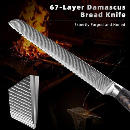 Damascus Bread Knife, 8-Inch Bread Knife with 9Cr18MoV Steel Core, Japanese Bread Knife with Ergonomic Wood Handle, Ultra-Sharp Serrated bread Knives for Homemade Bread with Gift Box DBK-001