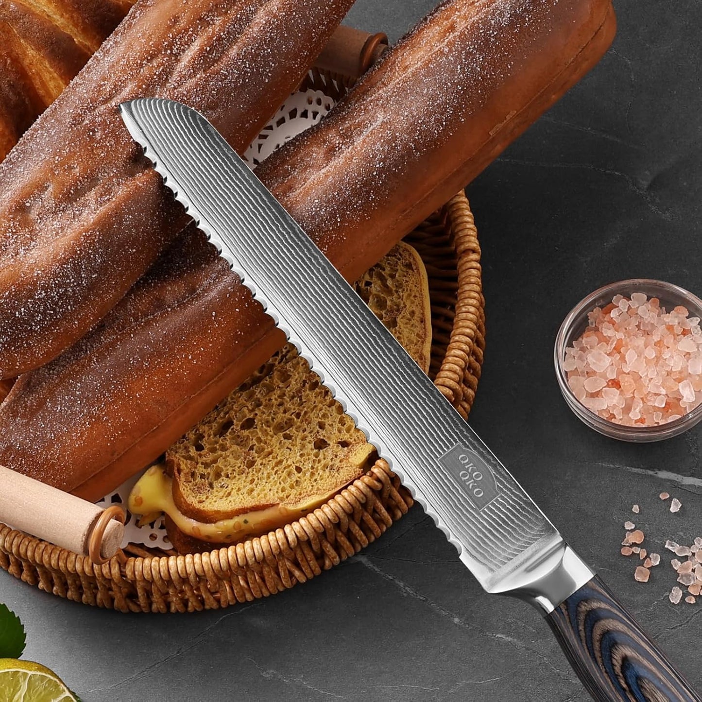 Damascus Bread Knife, 8-Inch Bread Knife with 9Cr18MoV Steel Core, Japanese Bread Knife with Ergonomic Wood Handle, Ultra-Sharp Serrated bread Knives for Homemade Bread with Gift Box DBK-001